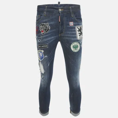 Pre-owned Dsquared2 Blue Distressed Denim Applique Glam Head Jeans S Waist 31"