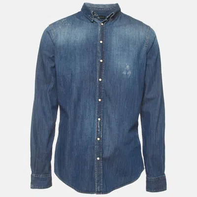Pre-owned Dsquared2 Blue Distressed Denim Button Up Shirt Xl