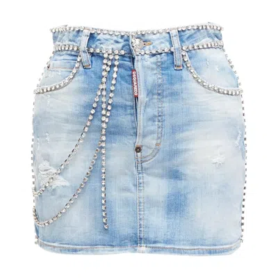 Pre-owned Dsquared2 Blue Distressed Denim Crystal Chain Embellished Mini Skirt It36 S