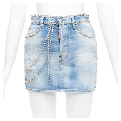 Pre-owned Dsquared2 Blue Distressed Denim Crystal Chain Embellished Mini Skirt It36 S