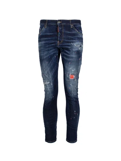 Dsquared2 Blue Distressed Straight-leg Jeans With Neon Paint Detail For Men