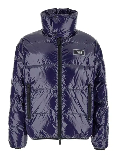 Dsquared2 Blue Down Jacket With Logo Patch On The Front In Tech Fabric Man In Multicolor