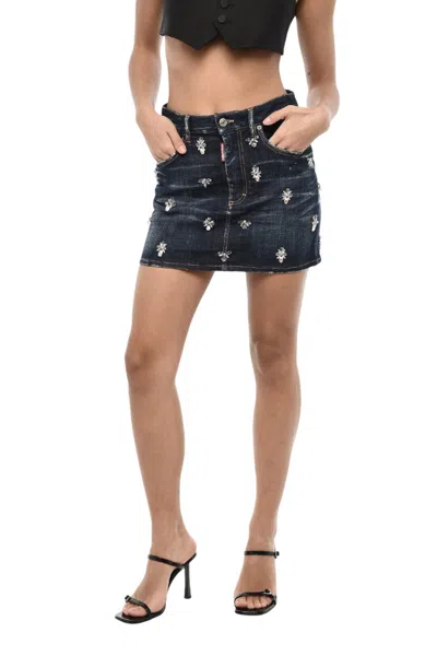 Dsquared2 Crystal-embellished Denim Skirt In Blue