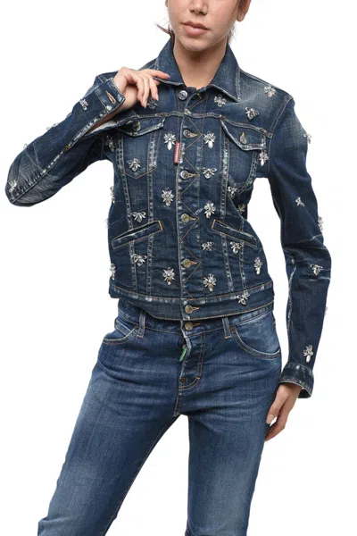 Dsquared2 Blue Embellished Shirt Collar Jacket