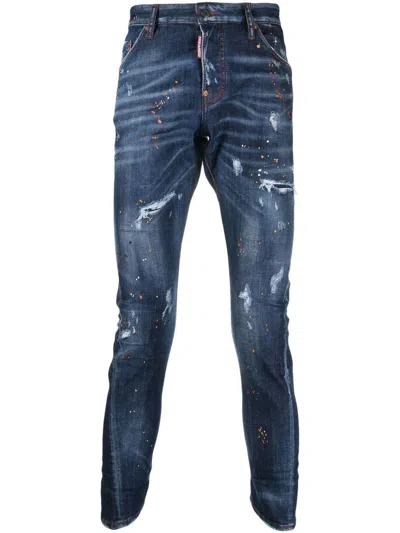 Dsquared2 Distressed Crotch Denims With Paint Splatter Motif 16cm In Blue