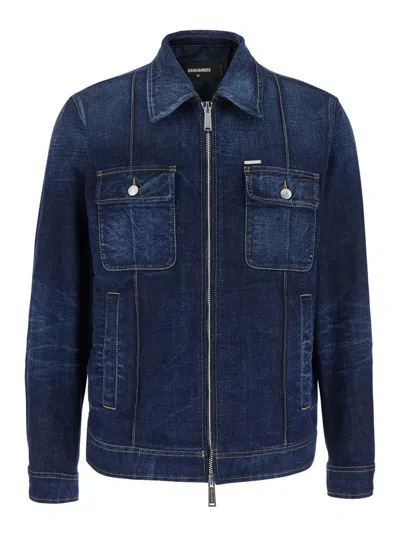 DSQUARED2 BLUE JACKET WITH CLASSIC COLLAR AND ZIP CLOSURE