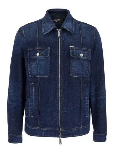 DSQUARED2 BLUE JACKET WITH CLASSIC COLLAR AND ZIP CLOSURE IN DENIM MAN