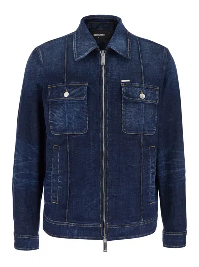DSQUARED2 DSQUARED2 BLUE JACKET WITH CLASSIC COLLAR AND ZIP CLOSURE IN DENIM MAN