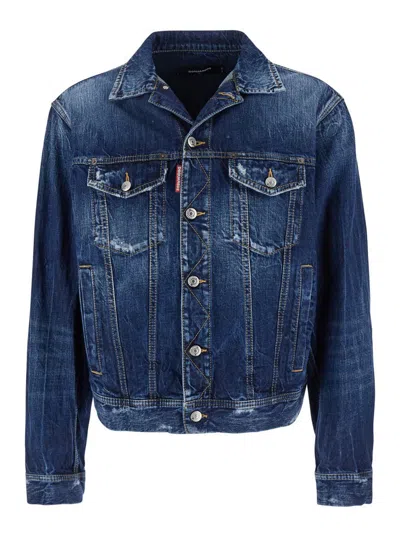DSQUARED2 BLUE JACKET WITH DISTRESSED EFFECT AND LOGOED METAL BUTTONS