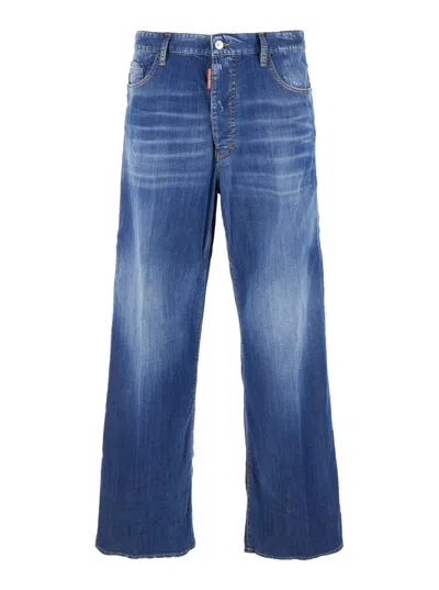 Dsquared2 Blue Jeans With Distressed Effect And Embroidered Logo On The Back In Denim Man