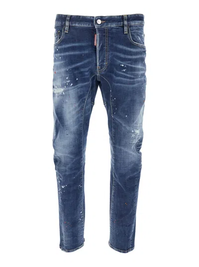 Dsquared2 Blue Jeans With Logo Patch On The Rear And All-over Paint-splatter Print Effect In Denim Man