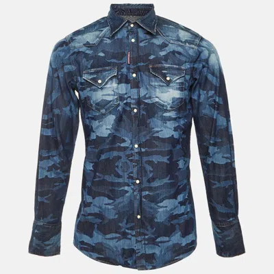 Pre-owned Dsquared2 Blue Military Printed Denim Button Front Shirt M