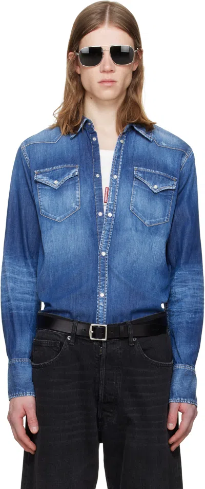 Dsquared2 Blue Perfecto Wash Classic Western Denim Shirt
