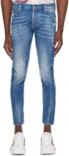Dsquared2 Blue Slim Jeans With Rips And Bleach Effect In 470 Navy Blue