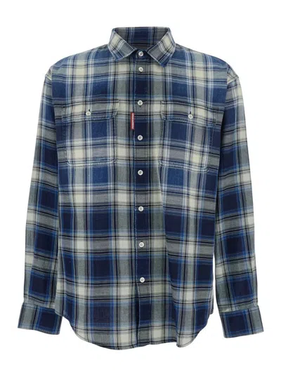 Dsquared2 Blue Shirt With All-over Striped Motif In Cotton Man In Multicolour