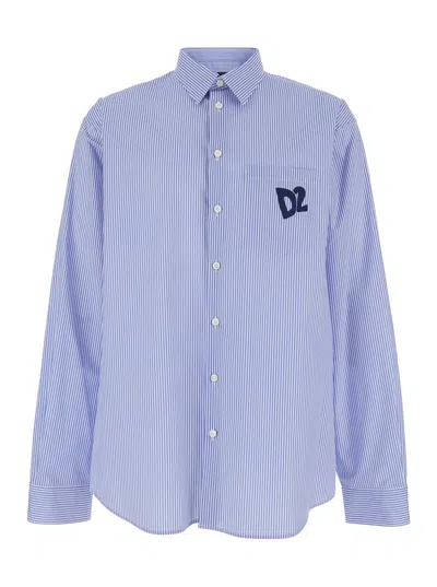 Dsquared2 Blue Shirt With All-over Striped Motif And Applied D2 Logo On The Chest In Cotton Man