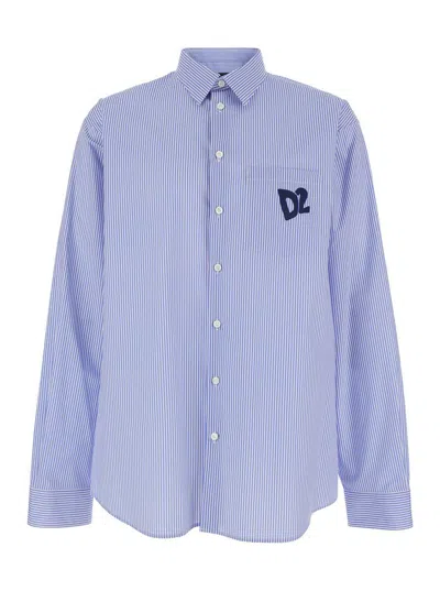 DSQUARED2 BLUE SHIRT WITH ALL-OVER STRIPED MOTIF AND APPLIED D2 LOGO ON THE CHEST IN COTTON MAN
