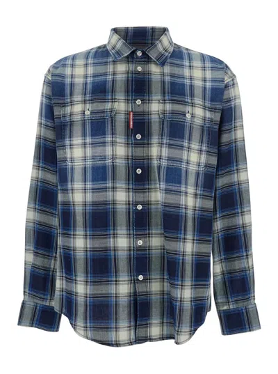 DSQUARED2 BLUE SHIRT WITH ALL-OVER STRIPED MOTIF IN COTTON MAN