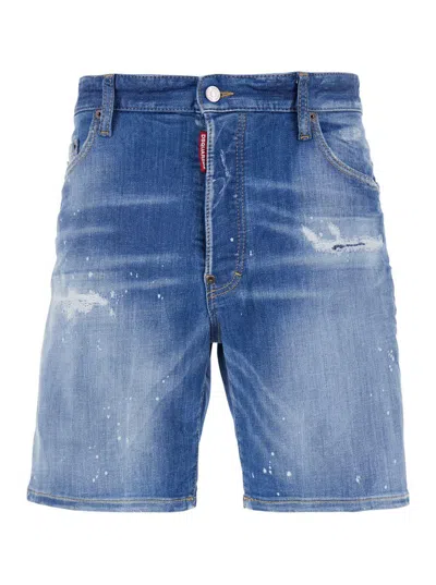 Dsquared2 Blue Shorts With Applied Logo On The Back And Lived Effect In Denim Man In Navy