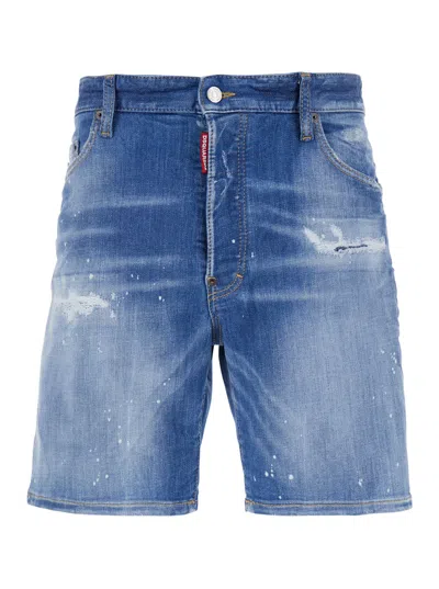 DSQUARED2 DSQUARED2 BLUE SHORTS WITH APPLIED LOGO ON THE BACK AND LIVED EFFECT IN DENIM MAN