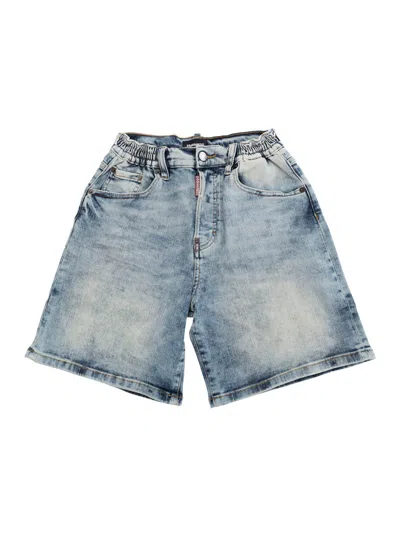 DSQUARED2 BLUE SHORTS WITH LOGO PATCH ON THE REAR AND DISTRESSED EFFECT IN DENIM BOY
