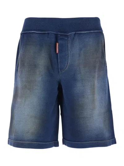 Dsquared2 Blue Shorts With Stretch Waist And Lived-in Effect In Cotton Man