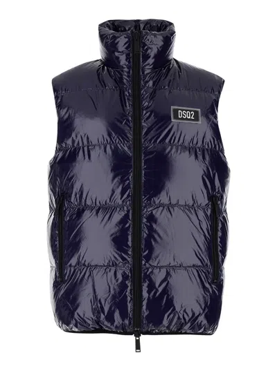 Dsquared2 Blue Sleeveless Down Jacket With Dsq2 Logo Patch In Polyamide Man