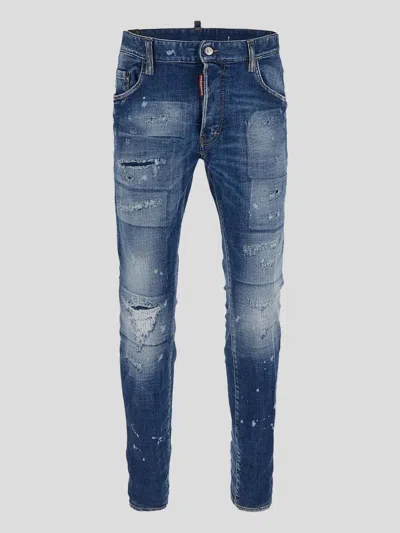 DSQUARED2 BLUE SLIM JEANS WITH RIPS AND BLEACH EFFECT