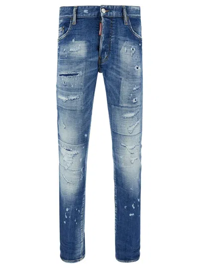 Dsquared2 Blue Slim Jeans With Rips And Bleach Effect In Cotton Blend Denim Man