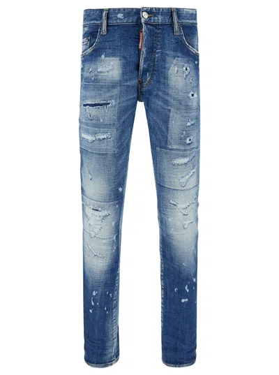 Dsquared2 Blue Slim Jeans With Rips And Bleach Effect In Cotton Blend Denim Man