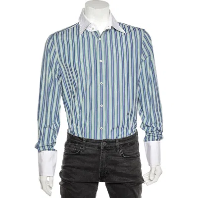 Dsquared2 Blue Striped Cotton Contrast Collar Button Front Shirt