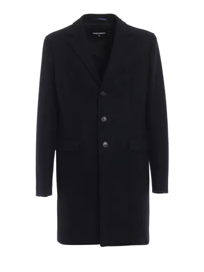 Dsquared2 Blue Techno Wool Single-breasted Coat