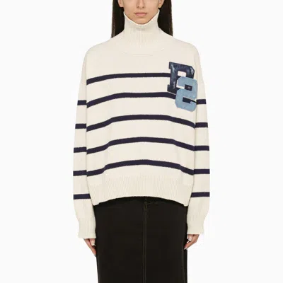 DSQUARED2 DSQUARED2 BLUE/WHITE STRIPED TURTLENECK SWEATER WITH LOGO WOMEN