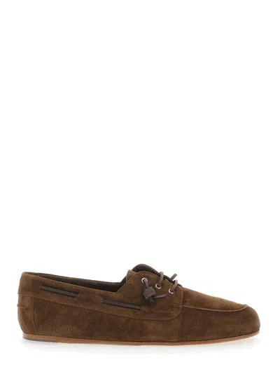 Dsquared2 Men Brown Boat Loafers With Side Lettering Logo In Suede Man