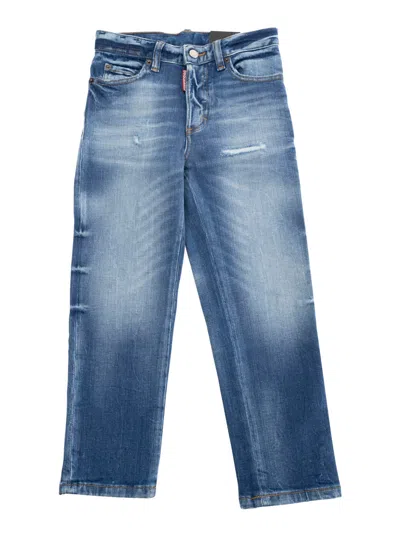 Dsquared2 Kids' Boss 10 Blue Jeans With Logo Patch On The Rear And Ripped Details In Denim Boy
