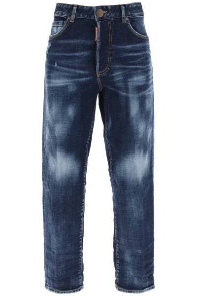 Dsquared2 Women's Blue Cropped Jeans With Destroyed Detailing And Canadian Flag Patch