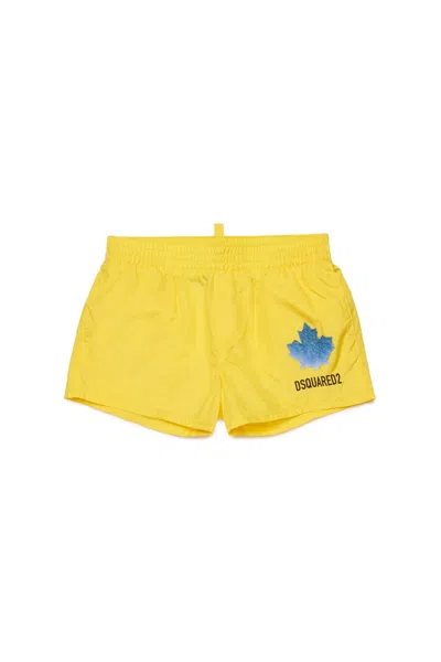 Dsquared2 Kids' Boxer Swim Trunks With Logo In Yellow