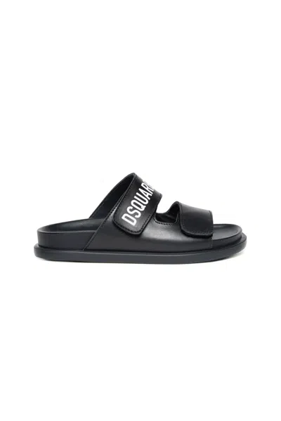 Dsquared2 Kids' Logo-print Leather Slides In Black
