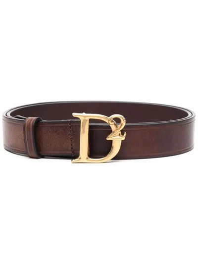 Dsquared2 Brown Belt In Leather With Logo In Multi