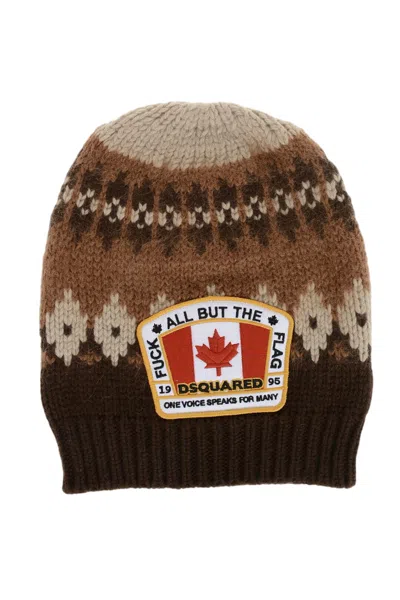 Dsquared2 Brown Mixed-wool Logo Beanie Cap In Multi