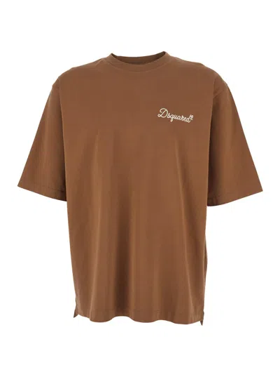 DSQUARED2 BROWN T-SHIRT WITH EMBROIDERED LOGO ON THE CHEST IN COTTON MAN