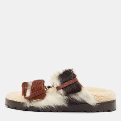 Pre-owned Dsquared2 Brown/cream Calfhair Buckle Slide Flats Size 37