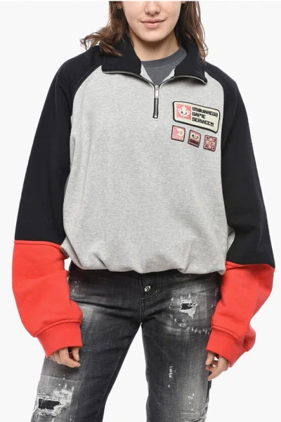 DSQUARED2 BRUSHED COTTON ATHLETIC FIT SWEATSHIRT WITH HALF ZIP
