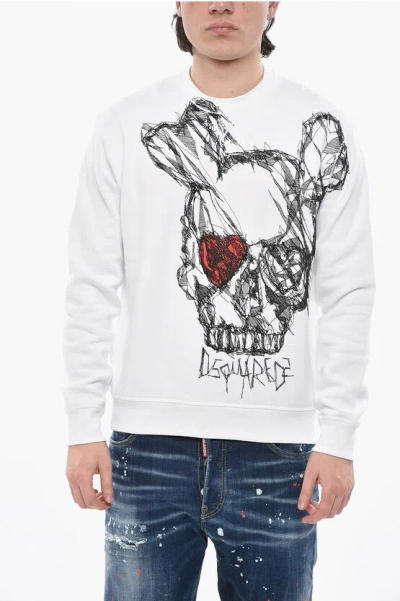 Dsquared2 Brushed Cotton Crew Neck Sweatshirt With Contrast Print In White
