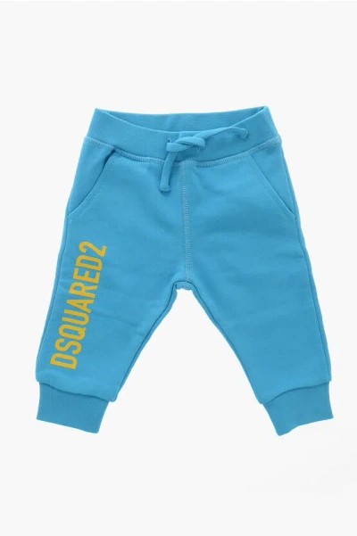 Dsquared2 Brushed Cotton Cuffed Sweatpants With Printed Logo In Blue