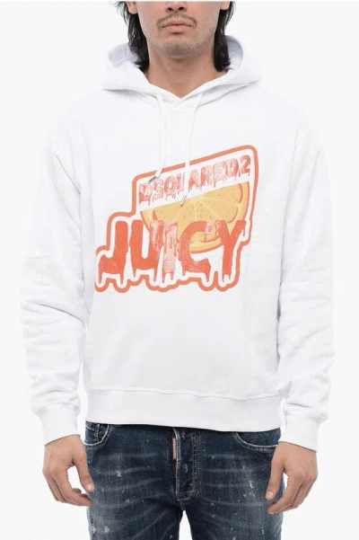 Dsquared2 Brushed Cotton D2 Juicy Cool Fit Hoodie In White