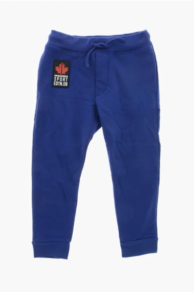 Dsquared2 Brushed Cotton Joggers In Solid Color With Logo Patch In Blue