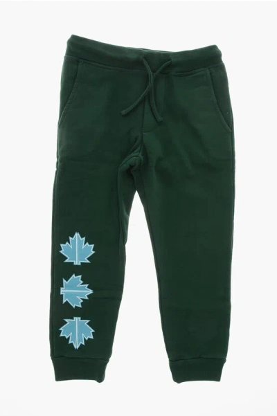 Dsquared2 Brushed Cotton Joggers With Maple Leaf Print In Green