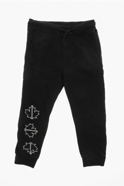Dsquared2 Brushed Cotton Joggers With Maple Leaf Print In Multi