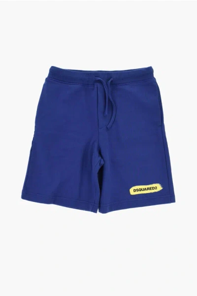 Dsquared2 Brushed Cotton Shorts With Printed Logo In Blue